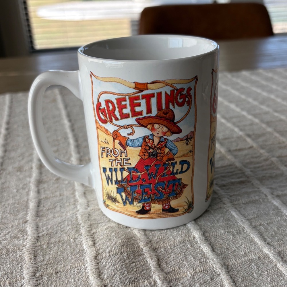 vintage Mary Engelbreit "Greetings From The Wild Wild West" ceramic coffee mug